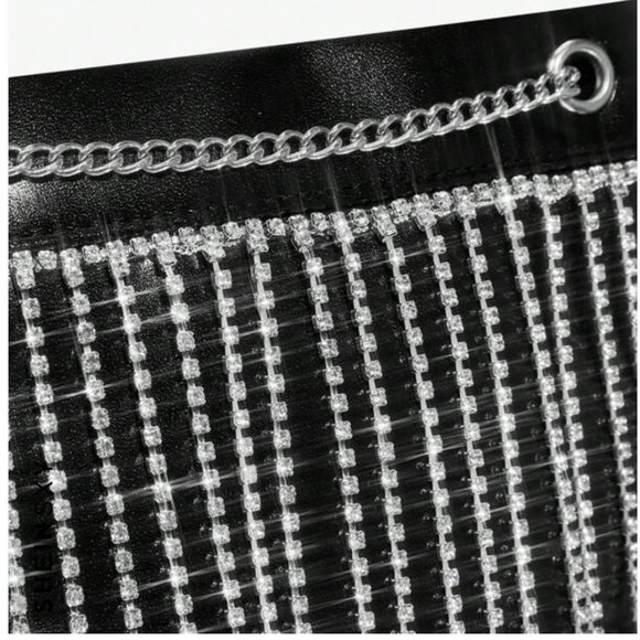 Black Shiny Glitter Bling Rhinestone Vegan Leather Shoulder Bag - Picture 5 of 9